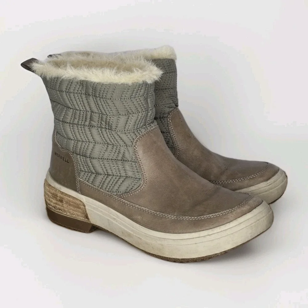 $155‎ Haven Bluff Waterproof Boots Sz 8 Leather Brindle Faux Fur Winter Beige